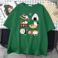 Men's black cotton t-shirt with cat sushi cartoon print, loose fit short sleeve design