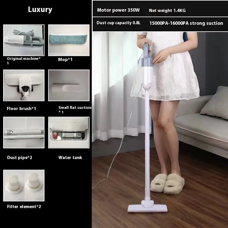 White flagship wired vacuum cleaner with suction mop integrated and anti-mite head on hard floor