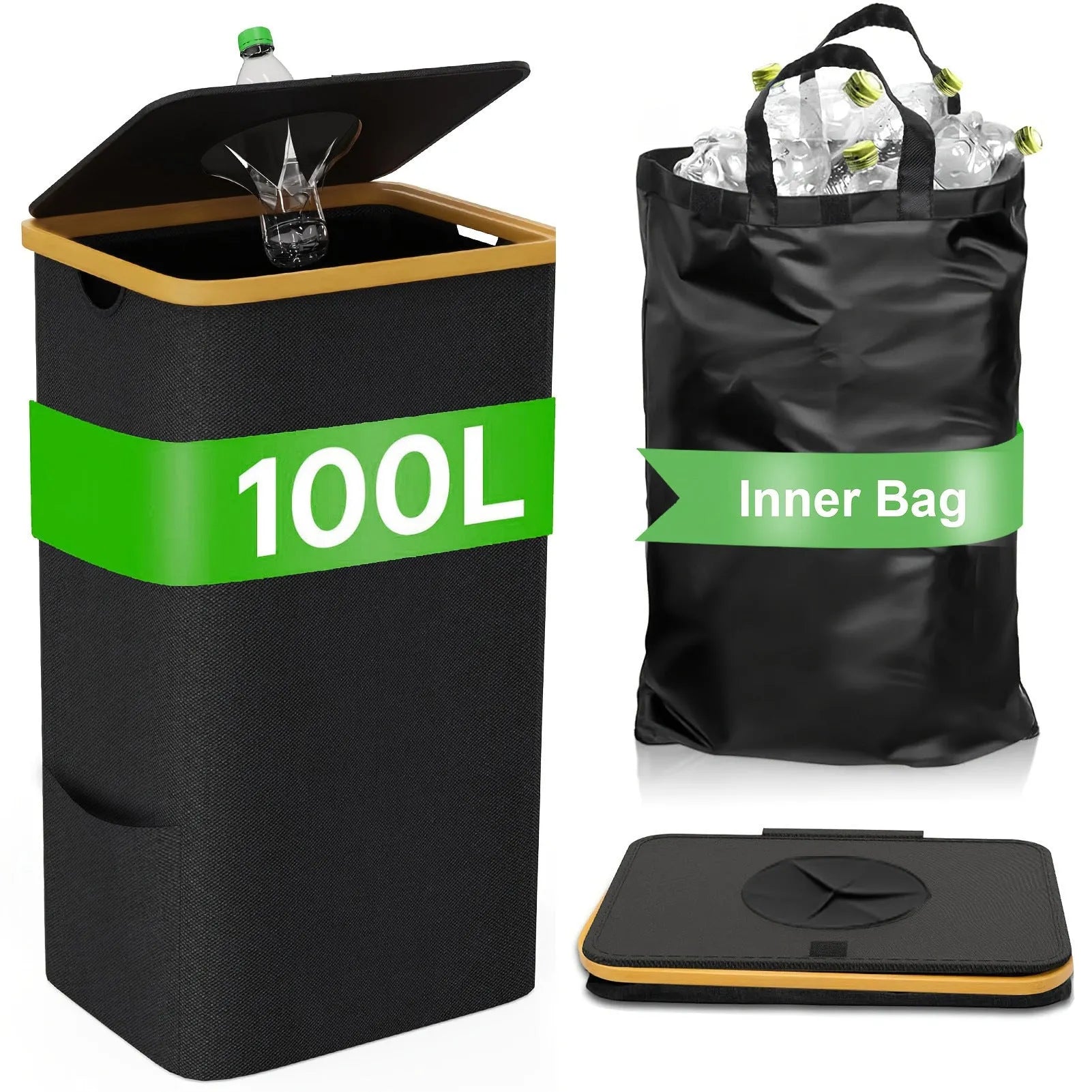 Black bamboo-frame storage basket with removable lid, holes design, and double inner pockets.