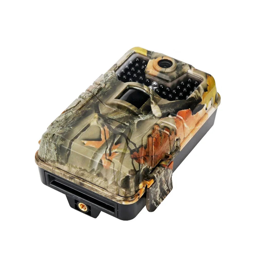 Camouflage outdoor hunting camera with infrared LEDs showing compact 16cm design for wildlife monitoring