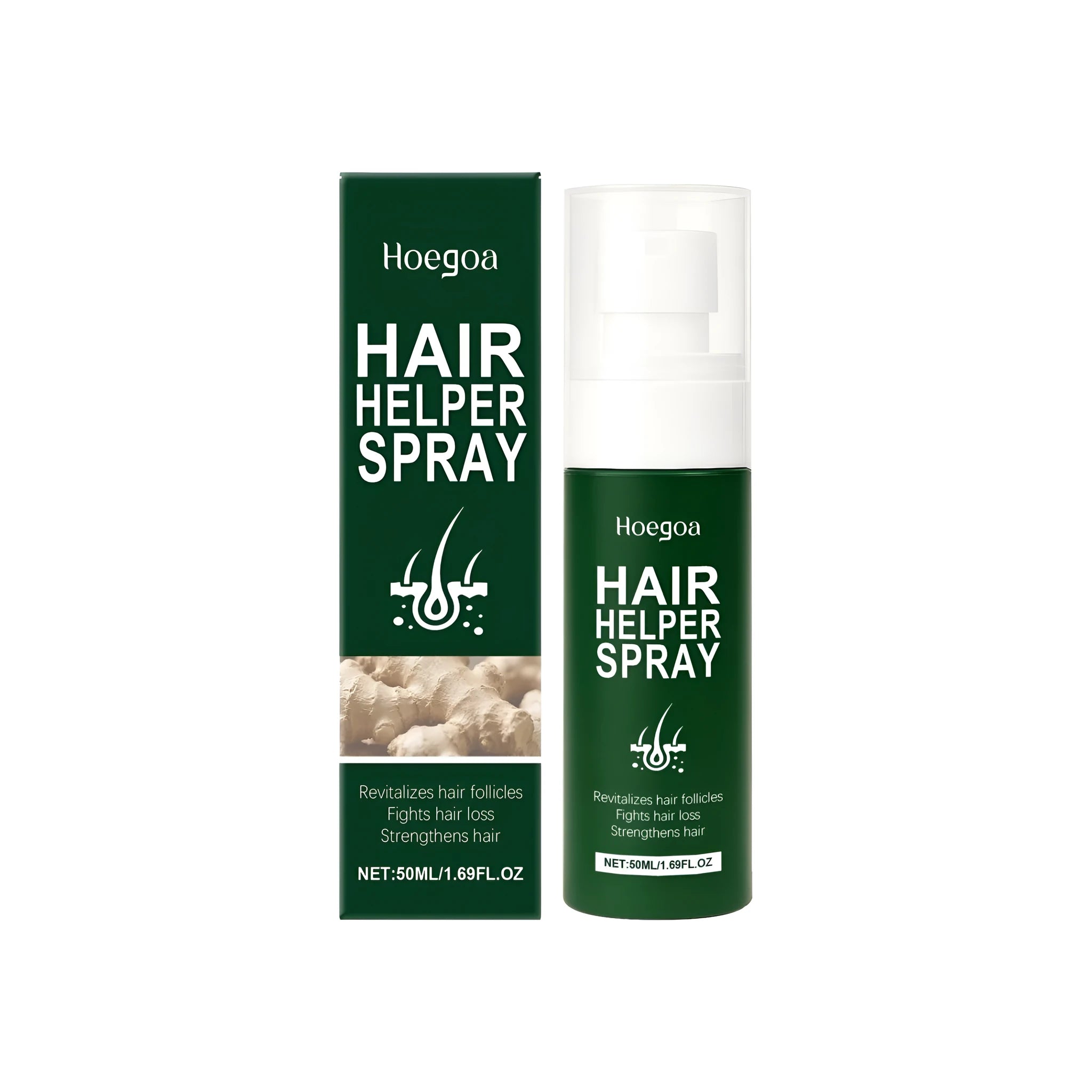 50ml bottle of Secret hair helper spray with spray pump, containing ginger root oil and botanical extracts.