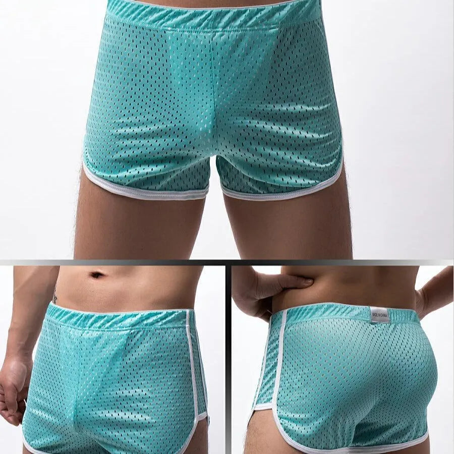 Men's cotton three-point boxers in multiple colours on a size chart background.