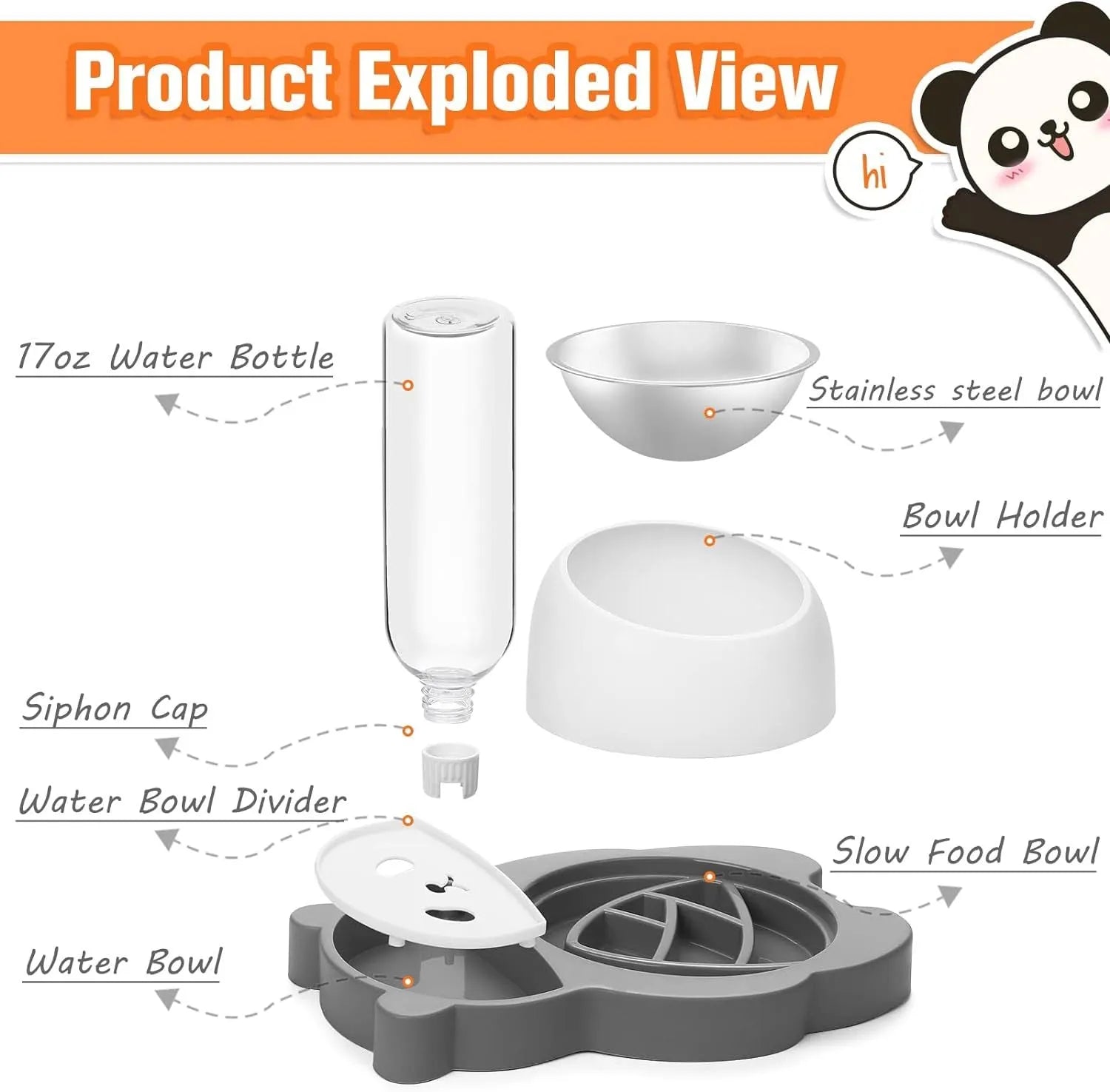Grey automatic water dispenser and tilted raised stainless steel bowl pet feeder set.
