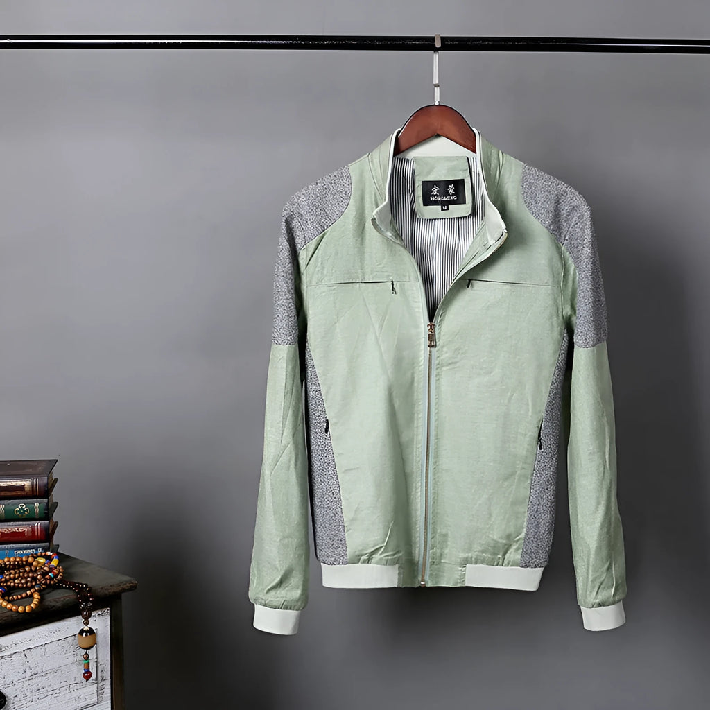 Men's thin cotton linen jacket in regular fit available sizes M to 6XL in heather gray, grass green, or blue colours