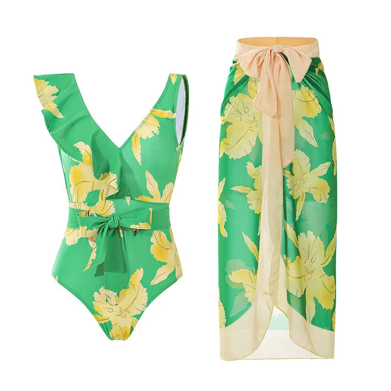 Women's solid colour one-piece swimsuit with removable skirt in Asian sizes