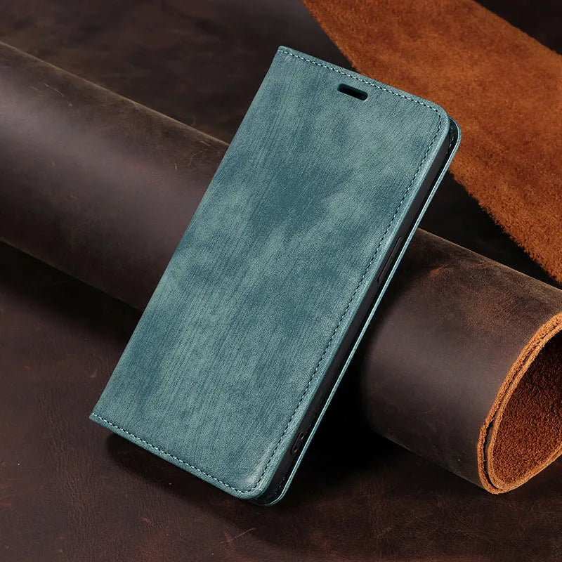 Magnetic leather flip phone case for iPhone in seven colours including grey, lake green, and pink