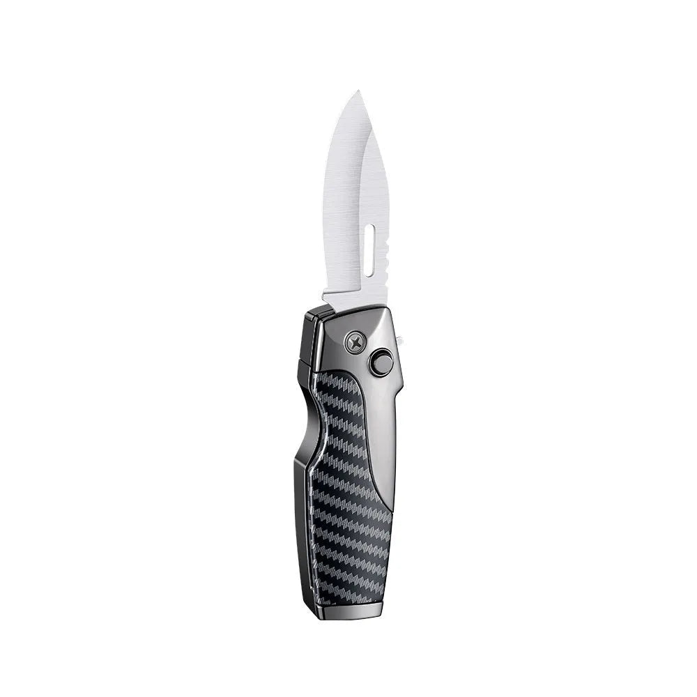 Metal folding knife lighter in zinc alloy with safety lock and one-click unfolding mechanism
