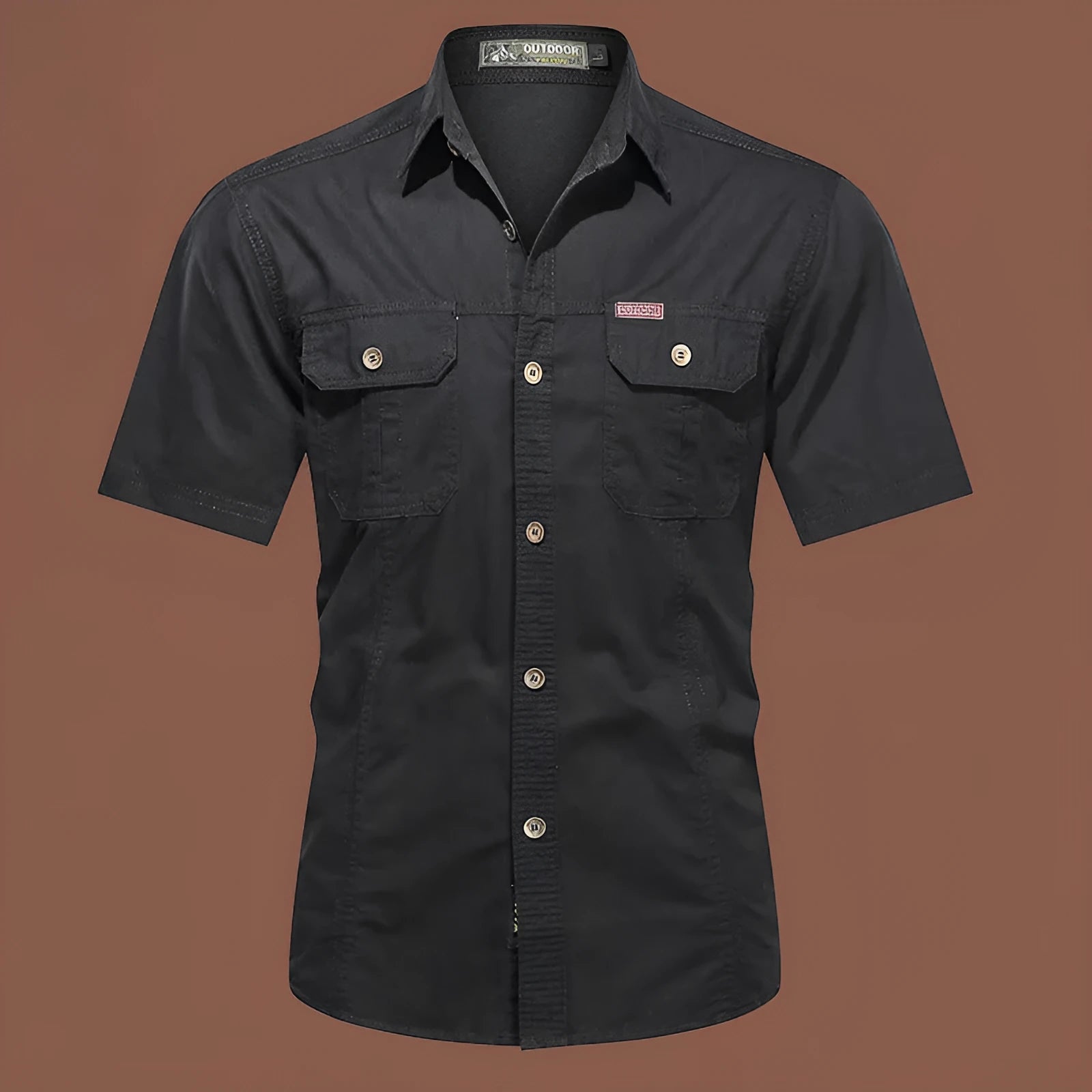 Men's short sleeve cotton work shirt in loose cardigan style with non-ironing treatment