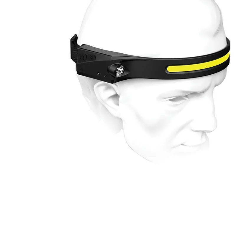 COB LED induction headlamp with silicone body, wide 230-degree beam, and separate long-distance side LED on a dark outdoor background