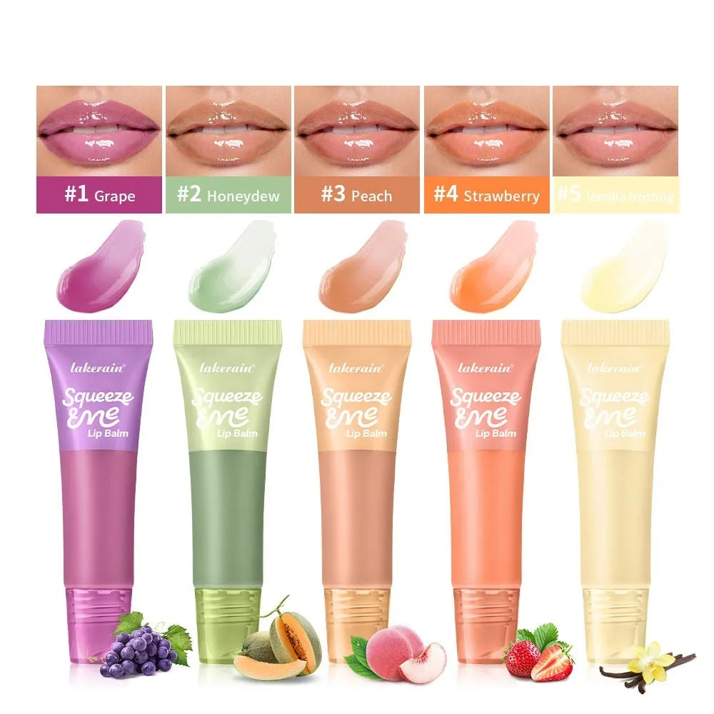 Sweet fruit flavour moisturising squeeze lip balm in 6g tube with five flavour options: Grape, Honeydew, Peach, Strawberry, and Vanilla Frosting