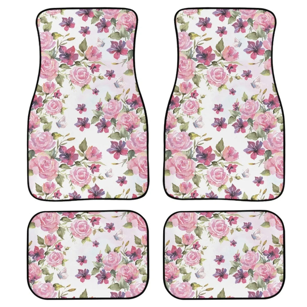 Black printed rubber car foot mat set, four pieces shown, 20mm thick waterproof lining.