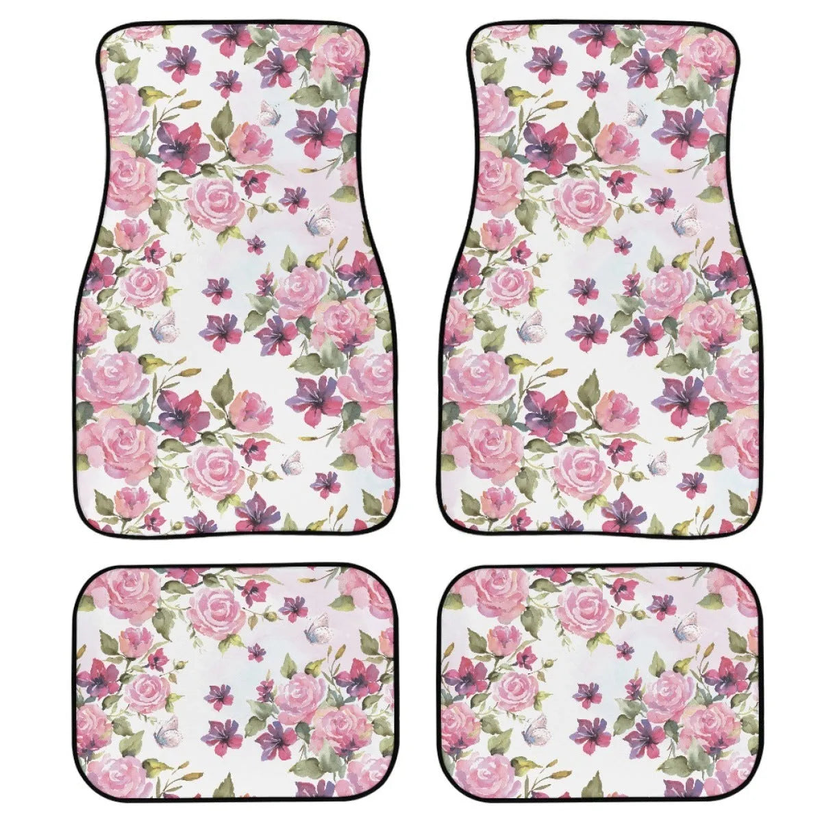 Black printed rubber car foot mat set, four pieces shown, 20mm thick waterproof lining.