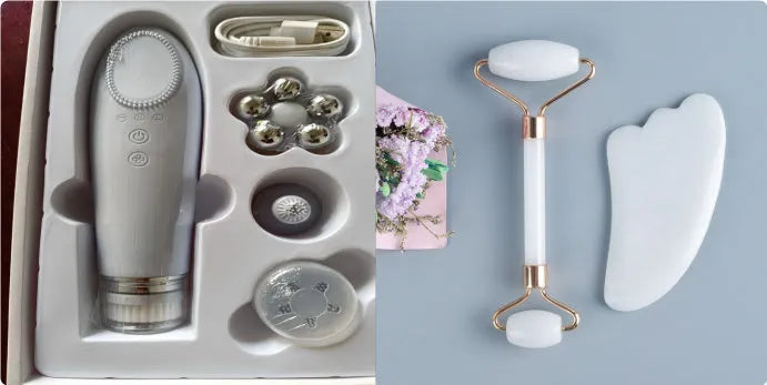 Natural white jade double-headed roller and scraping claw set with storage board.
