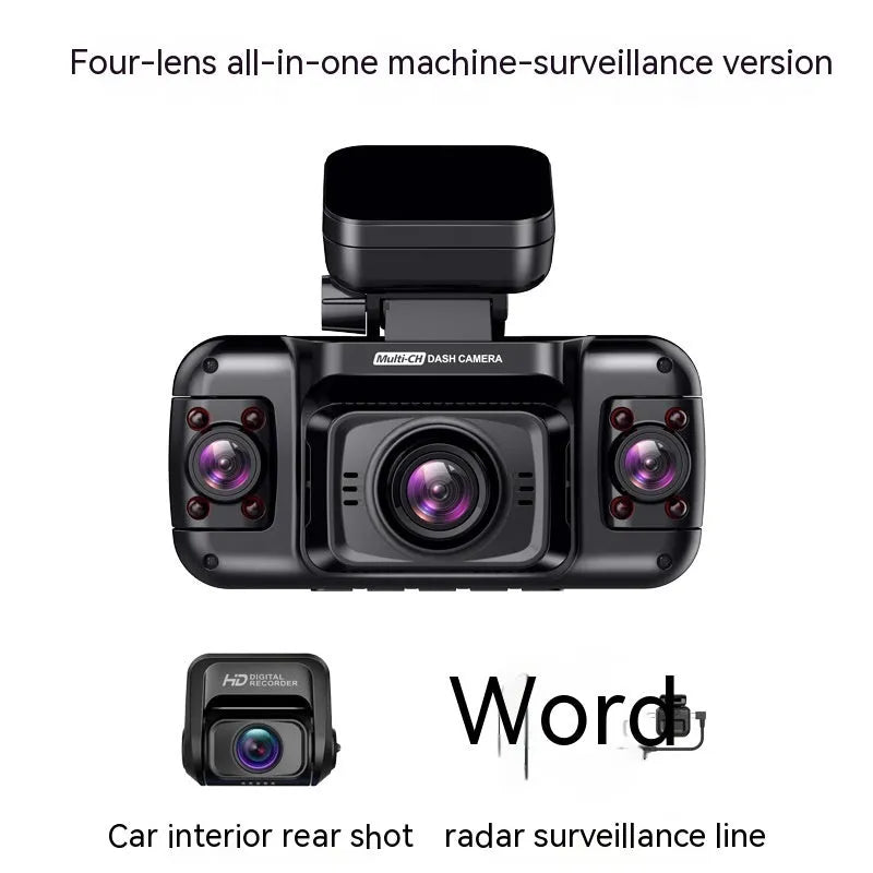 Black multi-lens car dashboard camera with a 2-inch screen, showing dimensions of 102mm by 104mm.