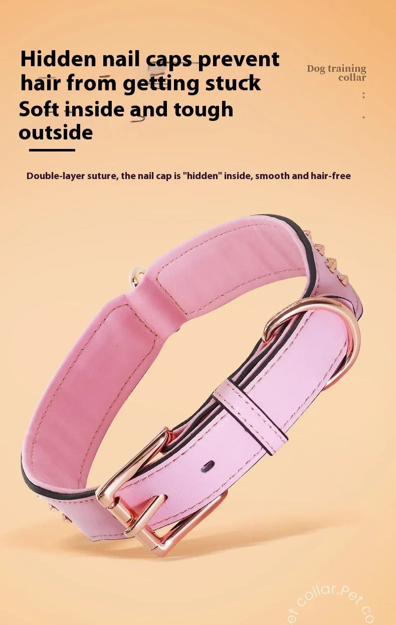 Leather dog collar with metal rivet studs in black, chocolate, or pink colour for large dogs.