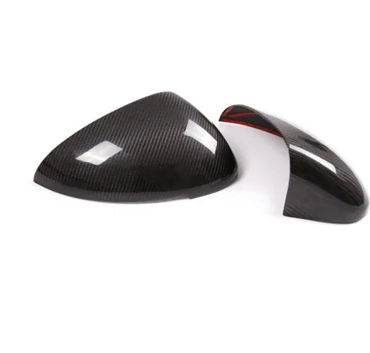 Pair of black true carbon fibre rearview mirror covers for Porsche Macan SUV.