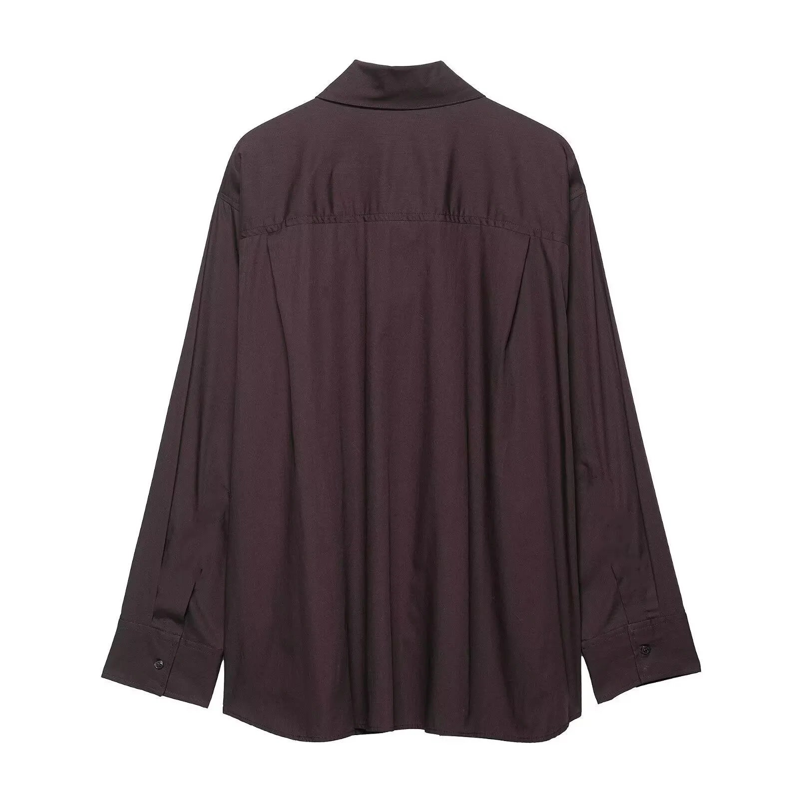 Brown women's long sleeve shirt with integrated poplin scarf and decorative bow tie
