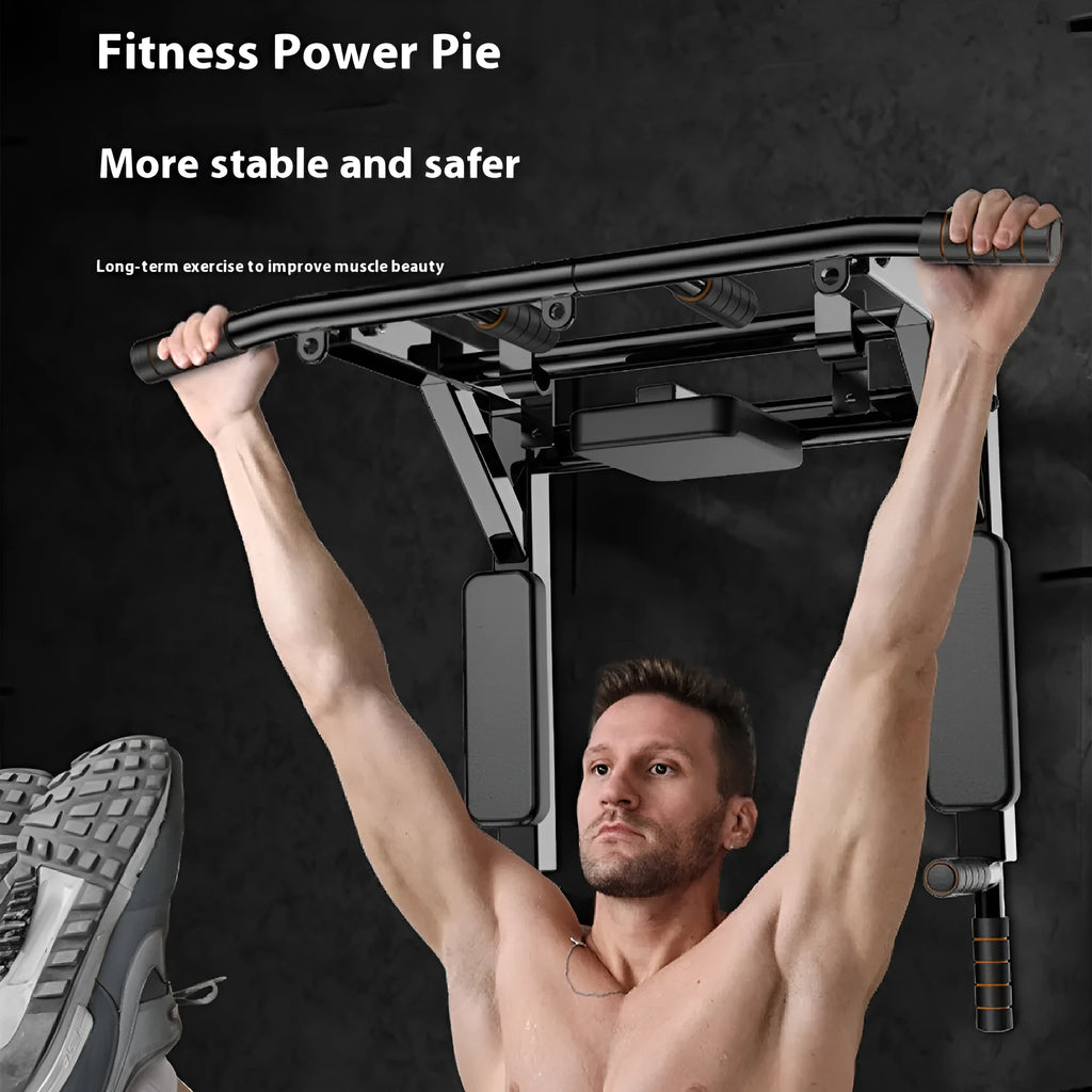 Black wall-mounted fitness rack with sandbag holder and single parallel bars for strength training