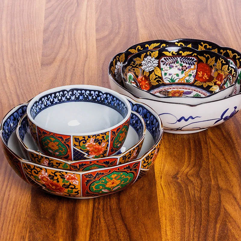 4-inch Japanese style porcelain bowl with retro floral pattern in golden peony design