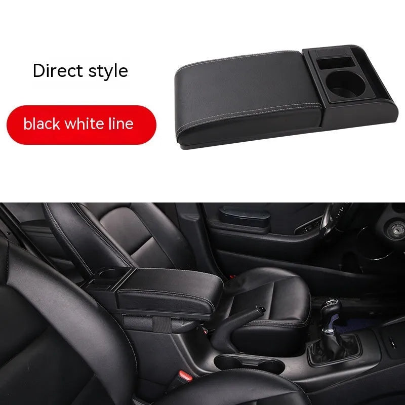 Universal automobile armrest box cover in black with red accent lines on car centre console