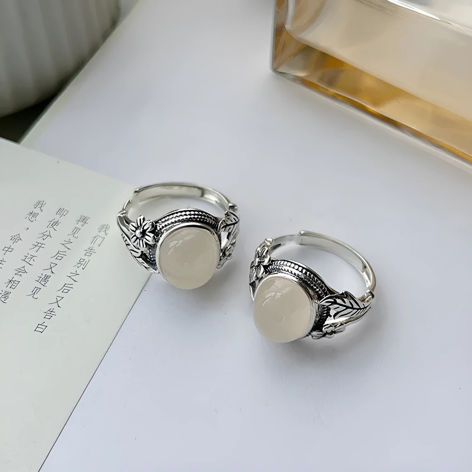 Adjustable open mouth copper vintage ring with white chalcedony colour stone