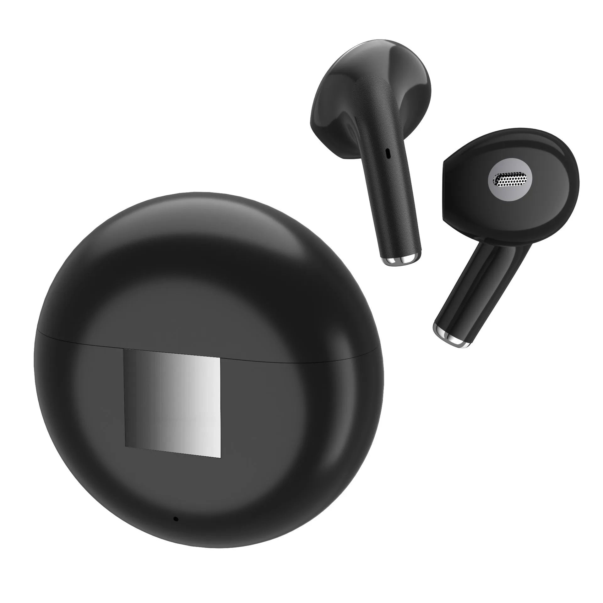 White Budz5 wireless Bluetooth semi-in-ear headphones with charging case on a white background