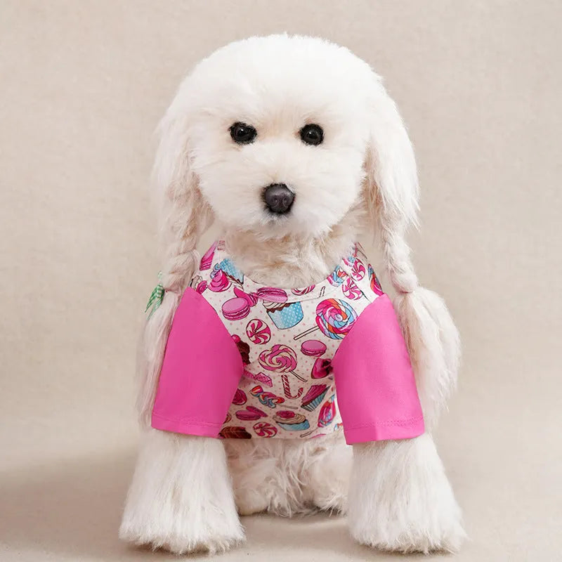 Printed polyester casual t-shirt for small dogs with full graphic design showing colour variants and size options
