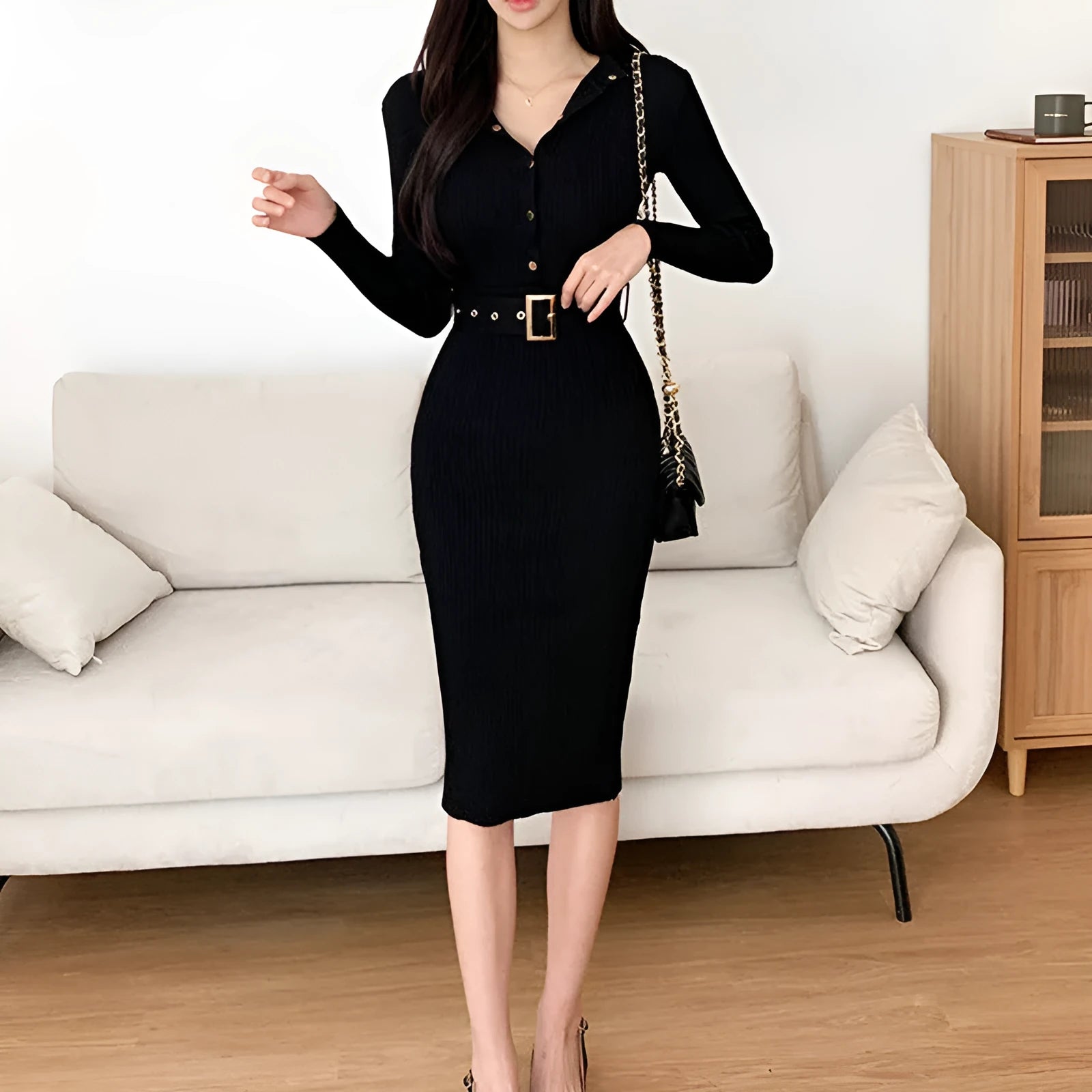 Women's turtleneck slim-fit knitted bodycon dress with belt, solid colour, high waist A-line long skirt