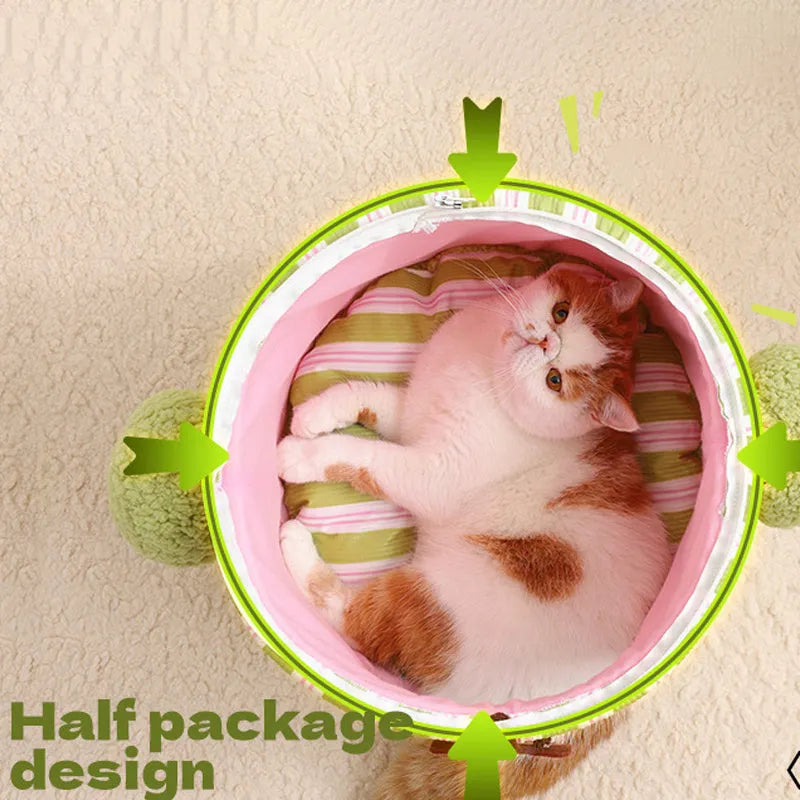 Green cauliflower-shaped enclosed pet house with a tree hole entrance and removable cushion for a small dog or cat.