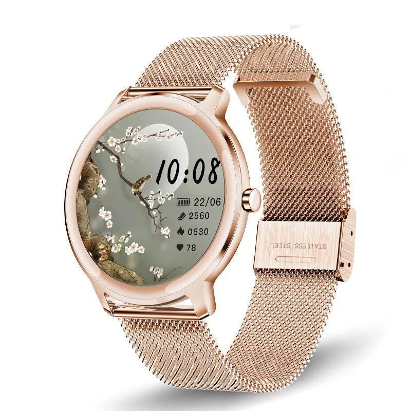 Women's Bluetooth smart watch with 1.3-inch touch screen showing stainless steel and mesh band options in rose colour and silver