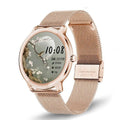 Women's Bluetooth smart watch with 1.3-inch touch screen showing stainless steel and mesh band options in rose colour and silver