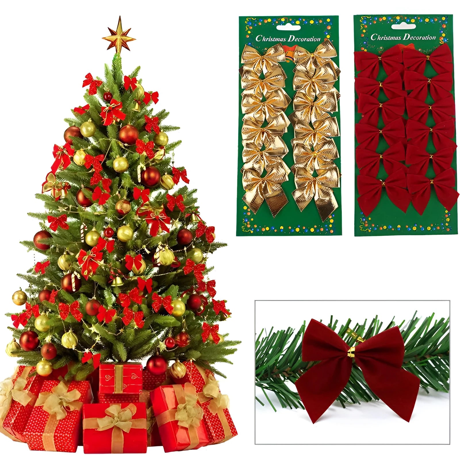 5 cm Christmas decoration bow in polyester material with red, gold, silver, and red gold colour options