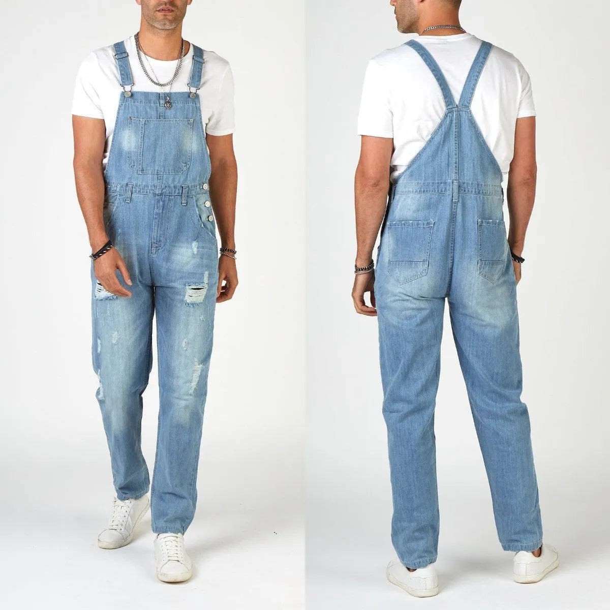 Light blue men's suspender jeans with ripped detailing and high waist straight leg cut