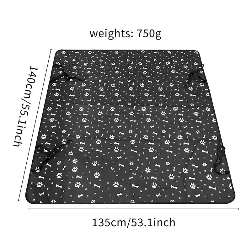 Water-resistant cloth car pet mat for rear seats with dog paw print design.
