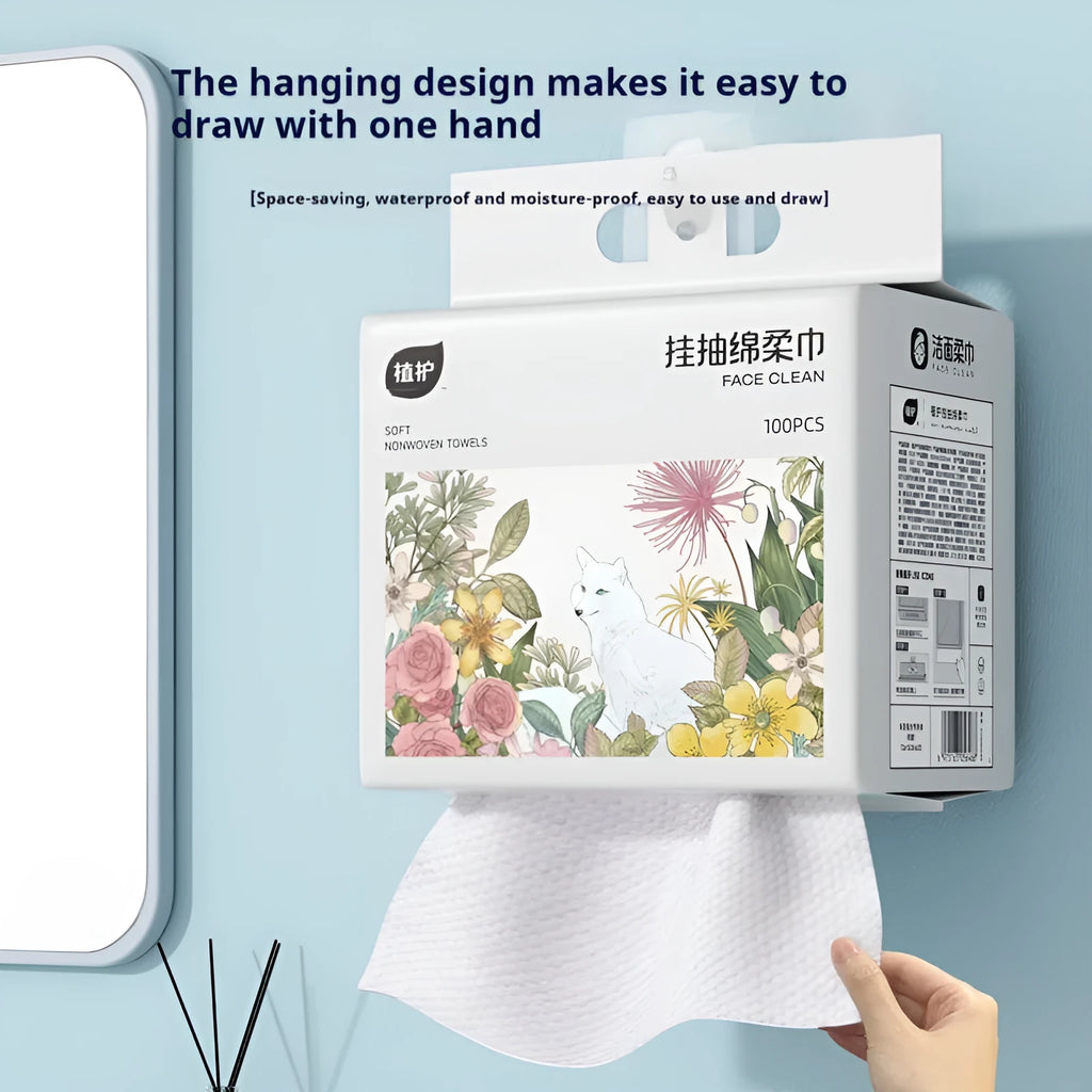 Disposable face cloth towel roll on a removable hook, showing winter soft cotton colour.