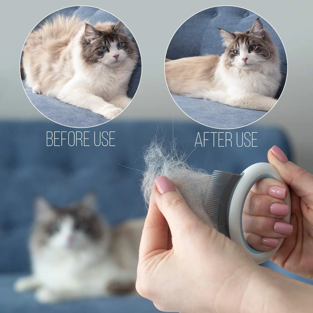 Blue pet grooming comb with soft teeth and ergonomic handle for deshedding cats and dogs.
