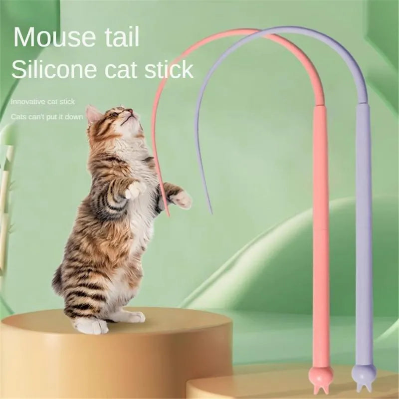 Blue simulated mouse tail cat toy with silicone tail and cat head design on teaser stick