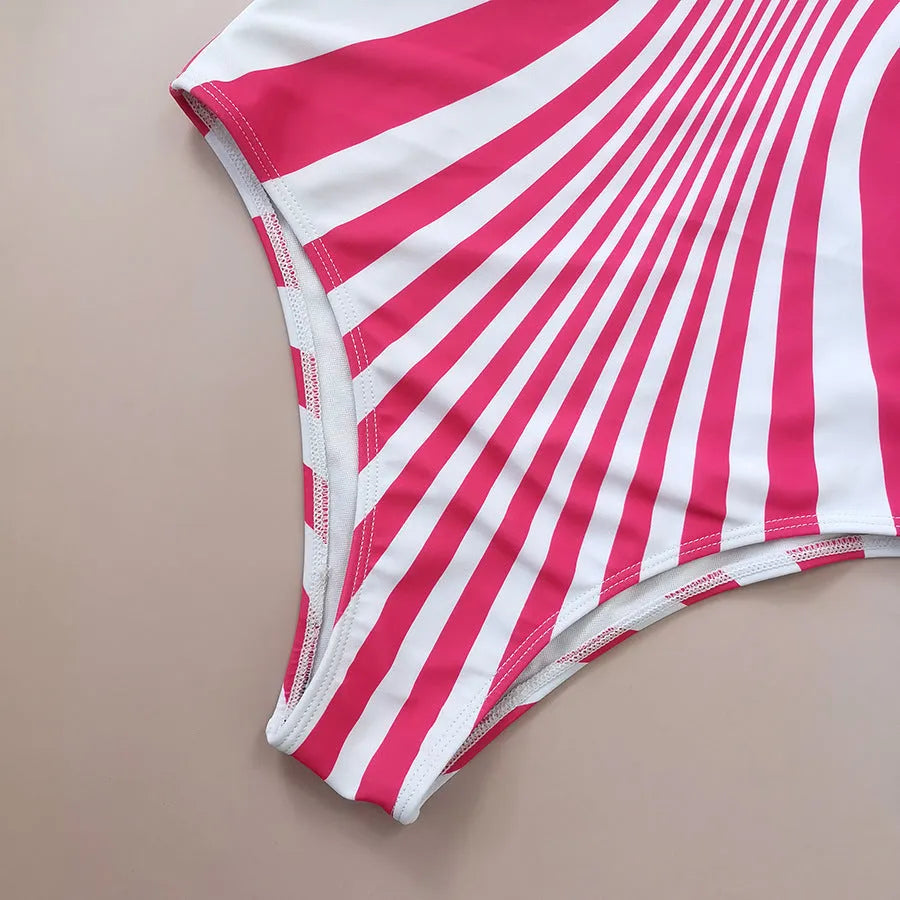 Pink striped digital print one-piece swimsuit for women, front and rear view.