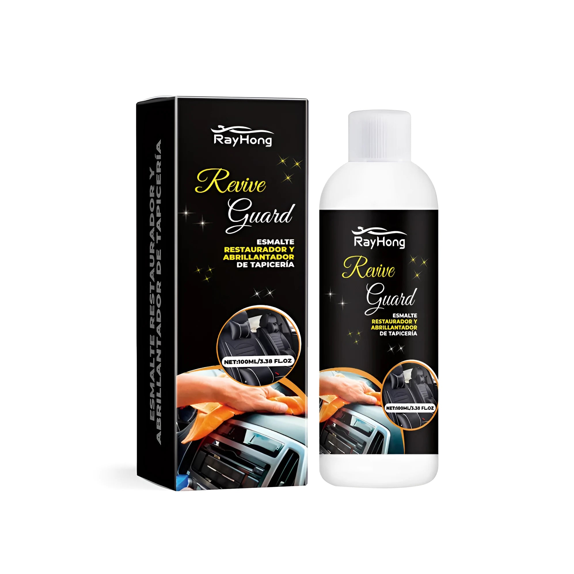 Boxed car interior polish cream with applicator sponge for leather and plastic surfaces