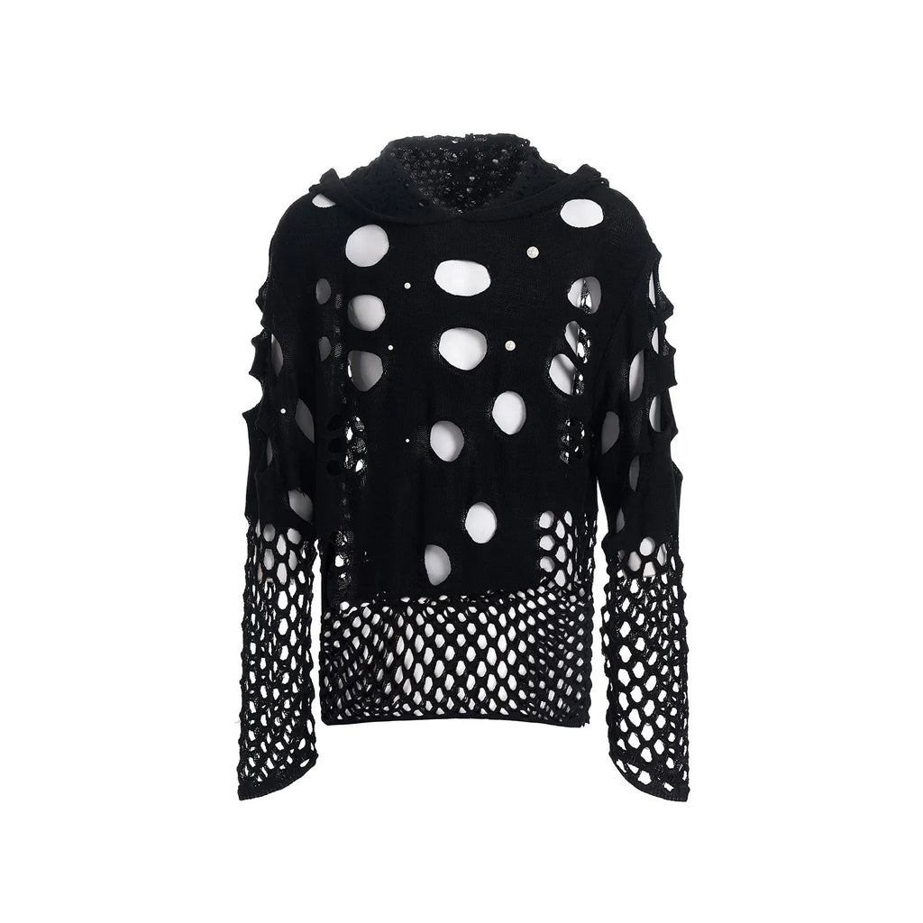 Black loose fit men's hooded sweater with pearl decorative details on hood