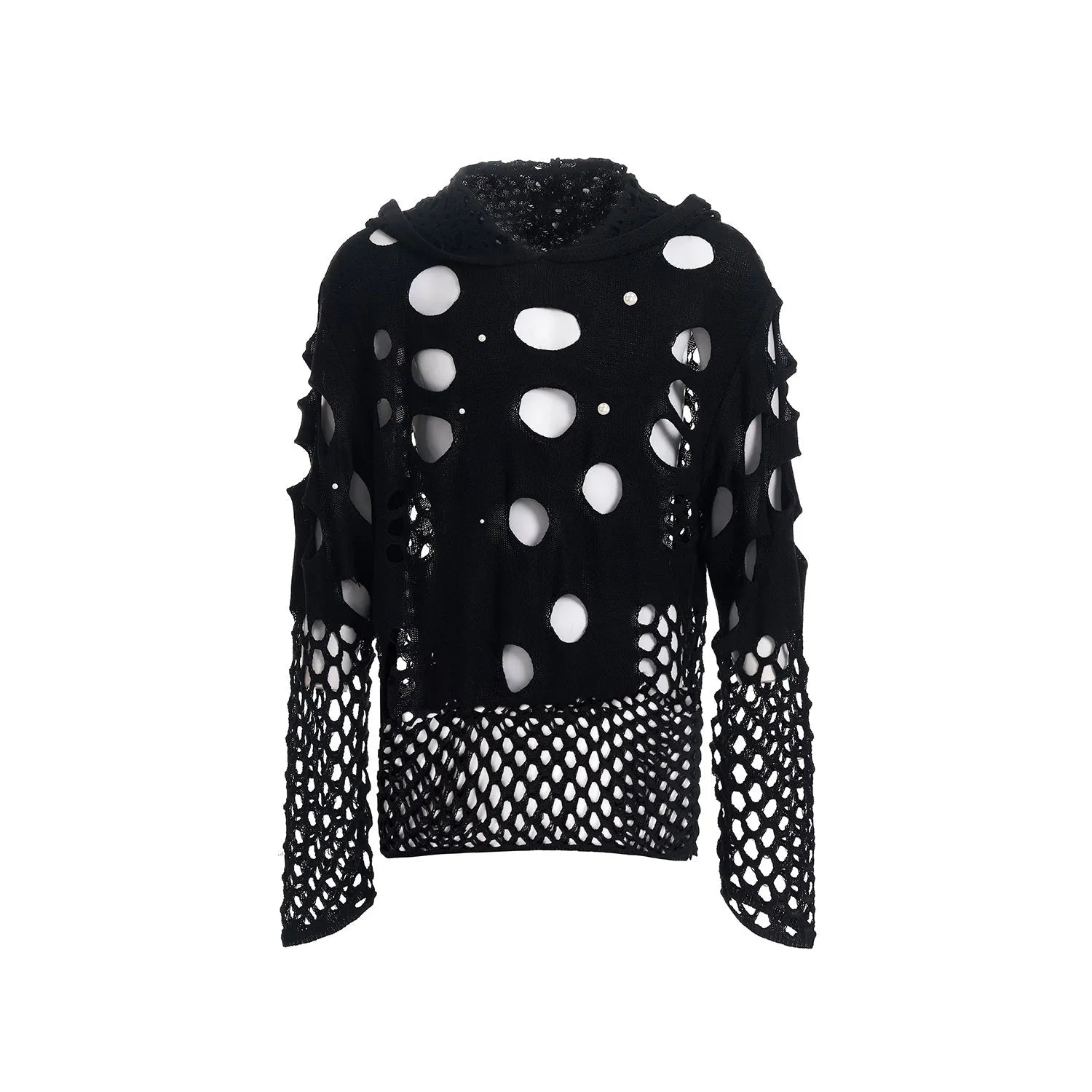 Black loose fit men's hooded sweater with pearl decorative details on hood