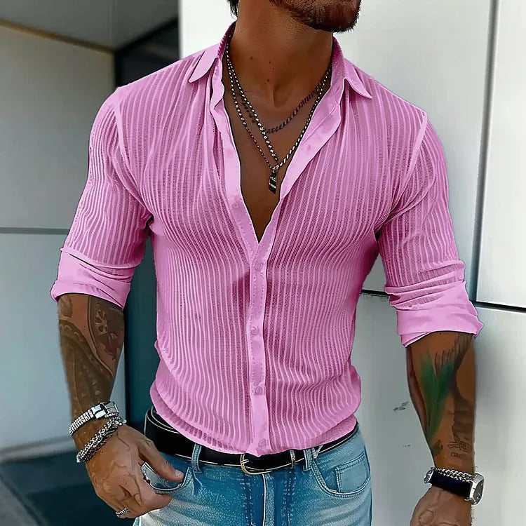Men's striped cardigan shirt in British style with long sleeves and loose fit for summer business casual wear