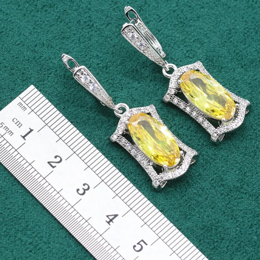 Yellow and olive green anti-allergy alloy jewellery set with zircon stones including necklace, earrings, ring and bracelet