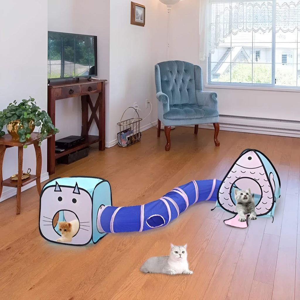 Foldable pet tent and tunnel set with a cat and fish design, made from white PP plastic.