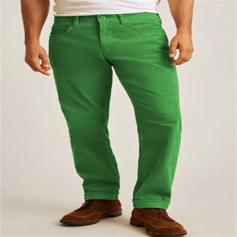 Green corduroy trousers with loose fit straight leg design and zip fly closure