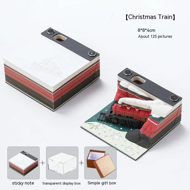 3D sticky notes with Qingshui Temple paper carving and Christmas train cover