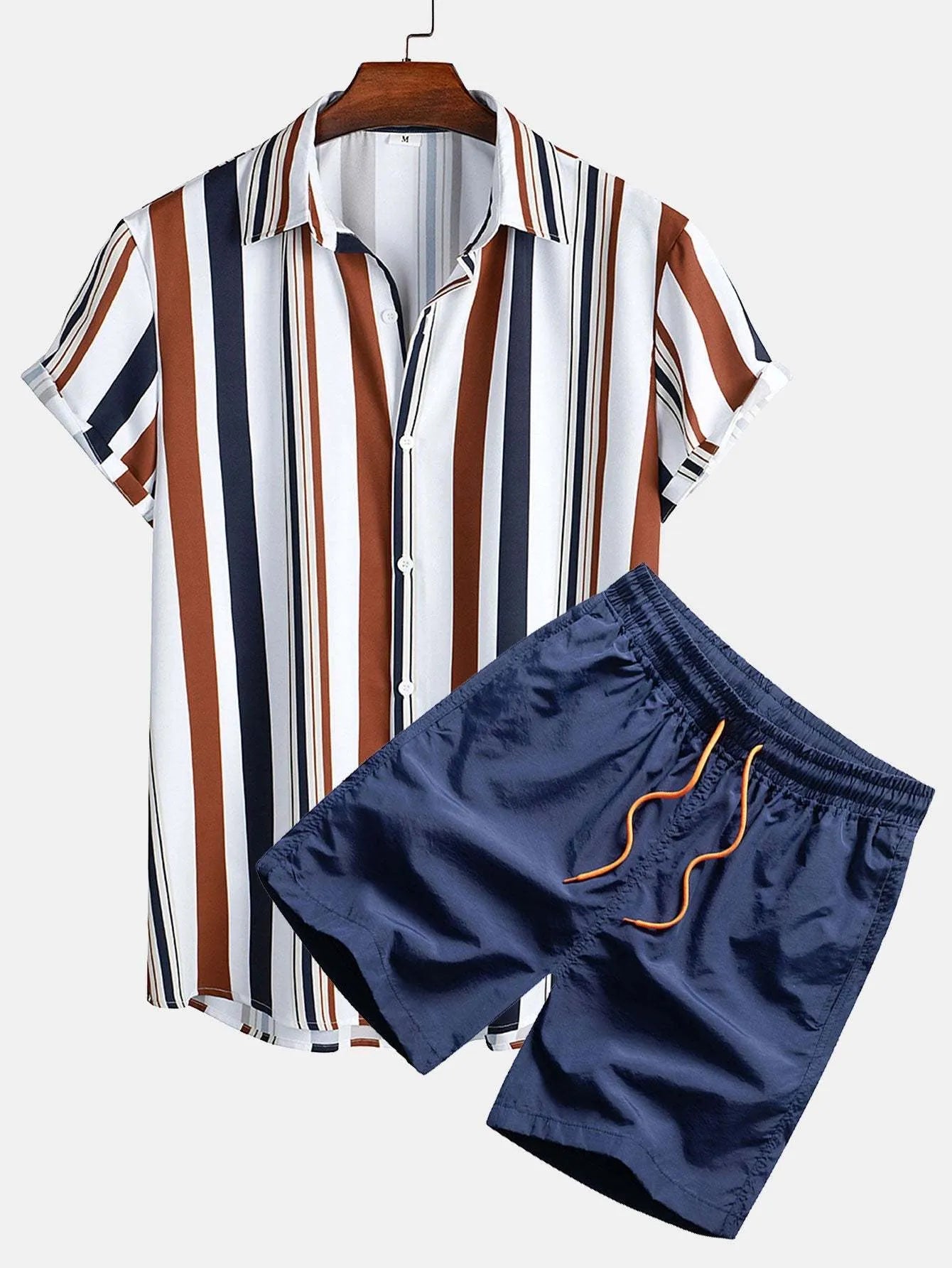Men's casual suit with digital printing on cardigan shirt and matching shorts