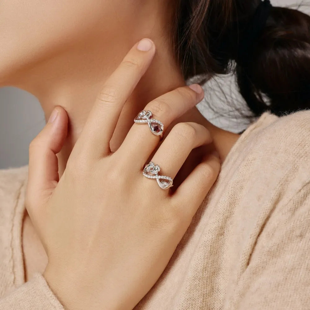 Silver rose red geometric ring with baby footprints design for women