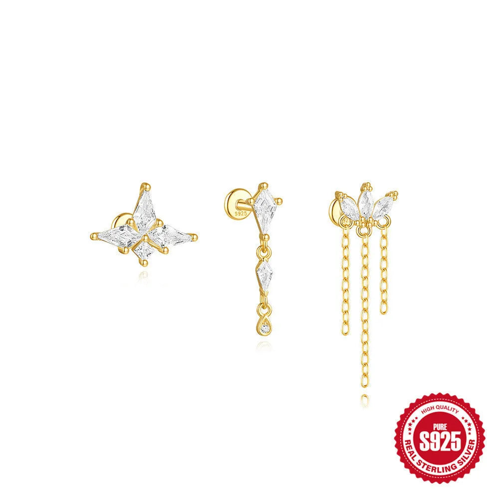 S925 sterling silver geometric kite-shaped earring with rhinestones and a chain tassel in a gold plating colour.