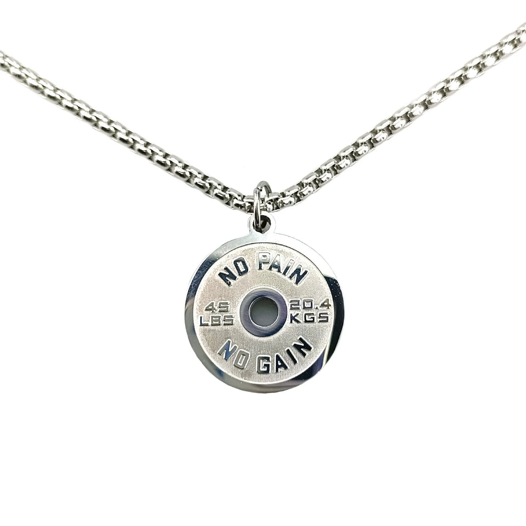 Stainless steel barbell disk necklace with geometric pendant on 60cm chain
